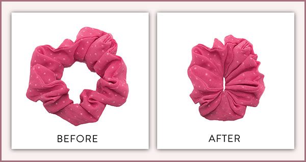 2 photos of a scrunchy, representing before and after Votiva treatment